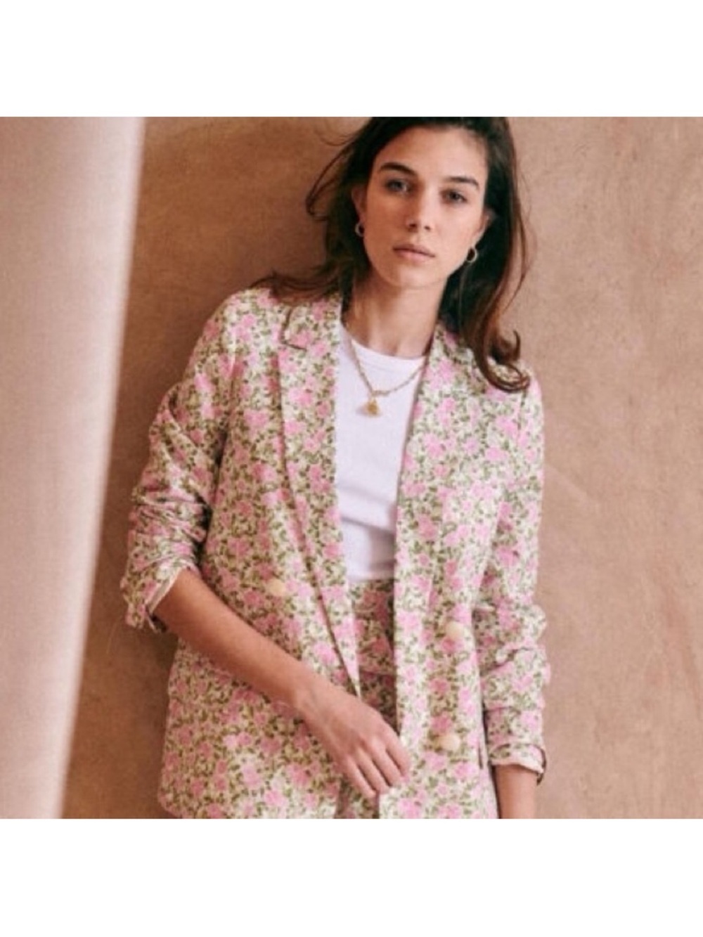 Sezane Christie Floral Blazer Double Breasted Tailored Linen Pink Size Large
